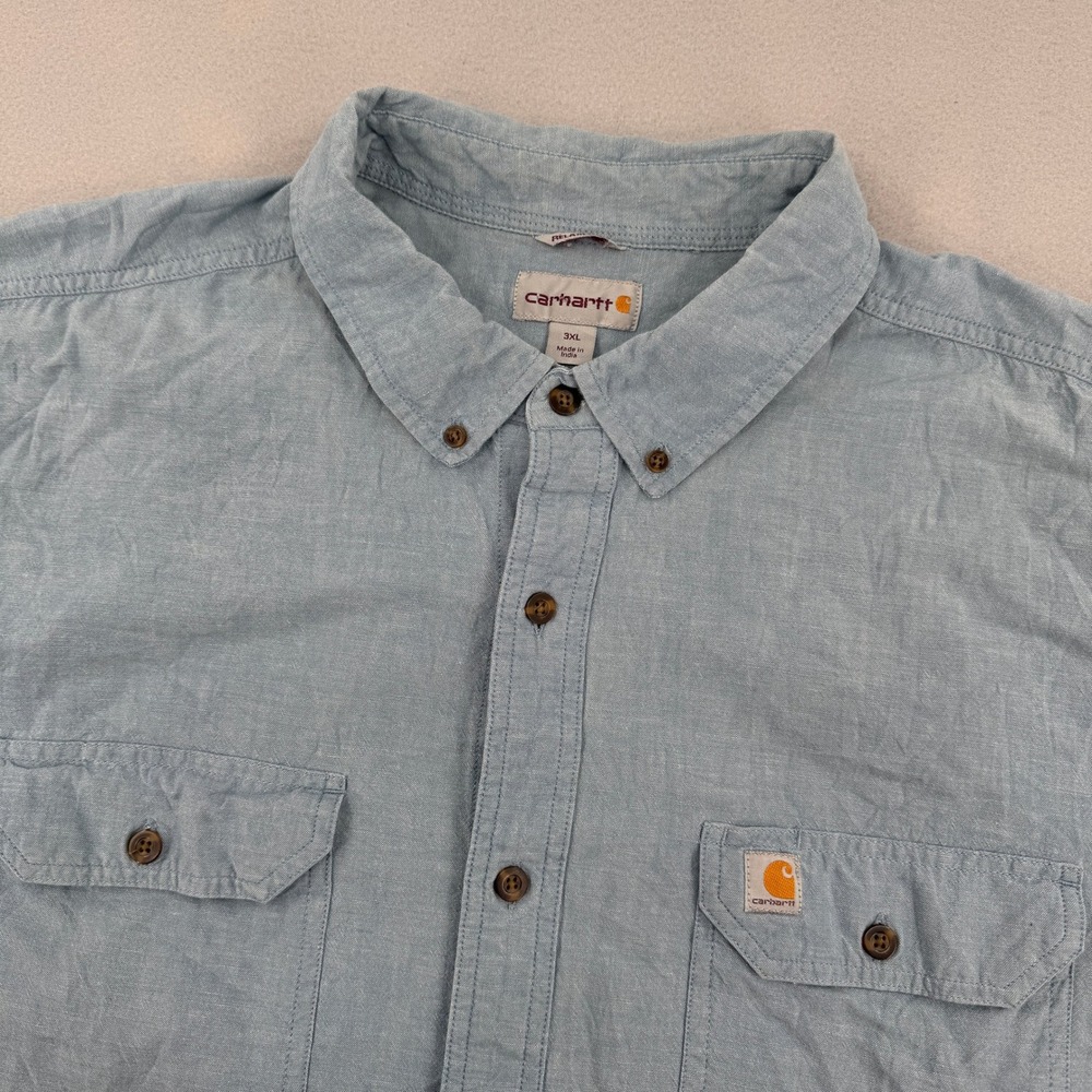 Carhartt Mens 3XL Relaxed Fit Short Sleeve Button Down Shirt Light Blue Workwear